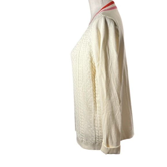 Talbots Pointelle Cream V-Neck Sweater with Pink Trim - Picture 4 of 11